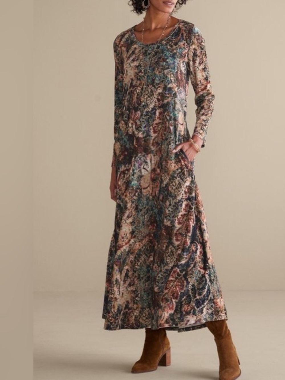 Soft Surroundings Santiago Stretch Velvet Floral Multi Boho Maxi Dress size XS